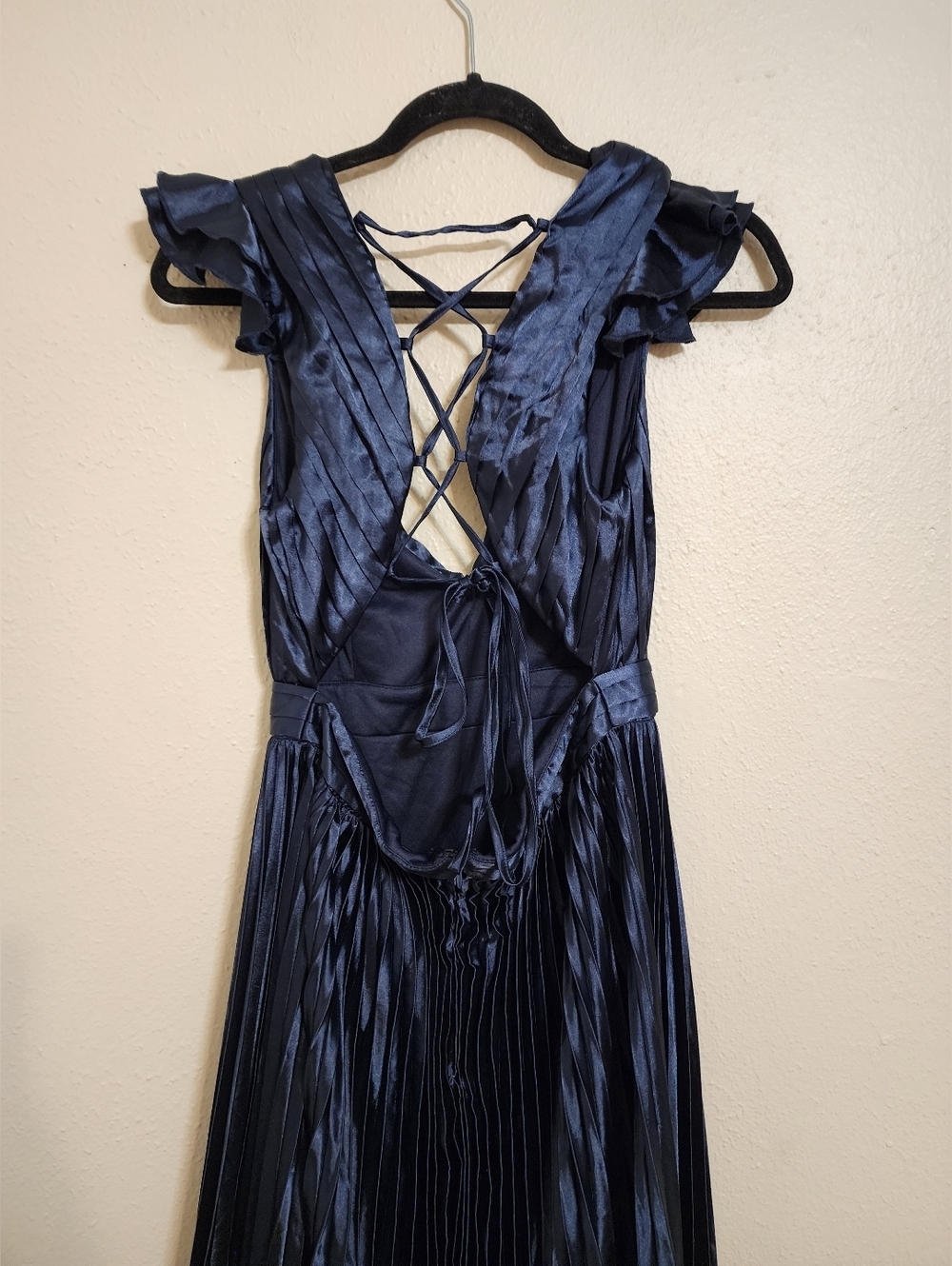 Lulus Exceptional Drama Navy Blue Satin Lace-Up Pleated Maxi Dress S Wedding - Picture 10 of 10